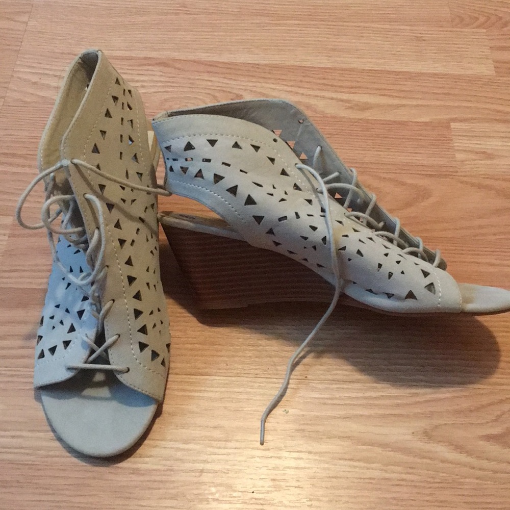 Tan peep toe cut out booties